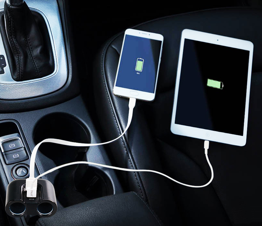 QCF210 QC 3.0 Car Charger with Dual Cigarette Socket & 1 Normal USB Port