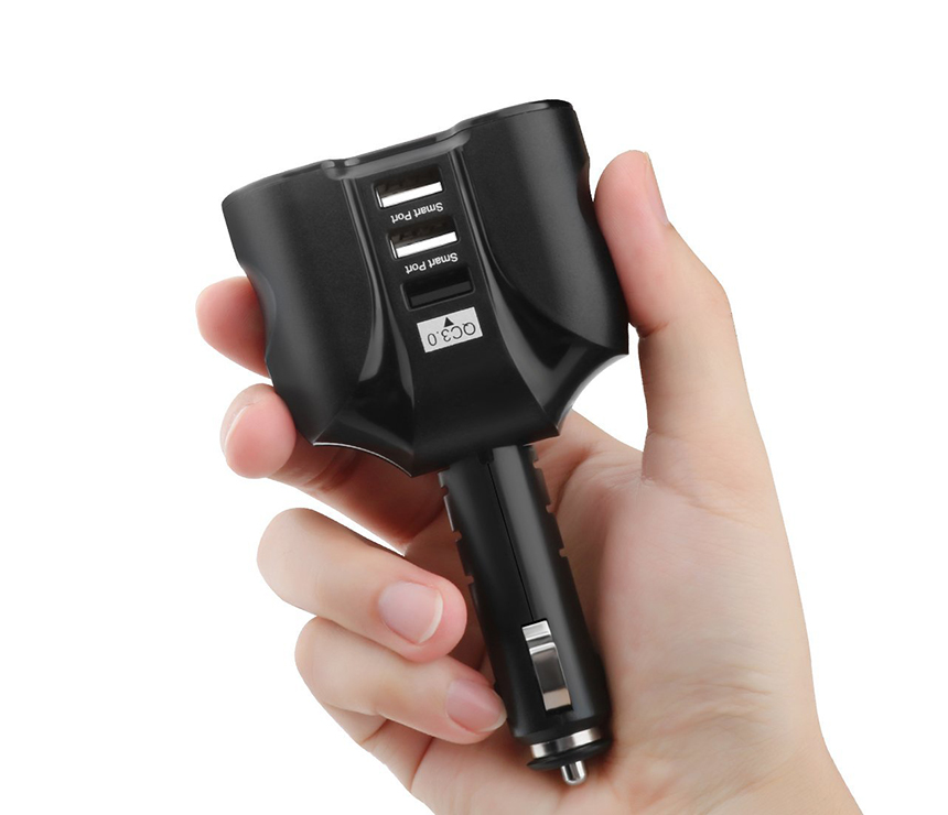 QCF230 QC 3.0 Car Charger with Dual Cigarette Socket & 1 Normal USB Port